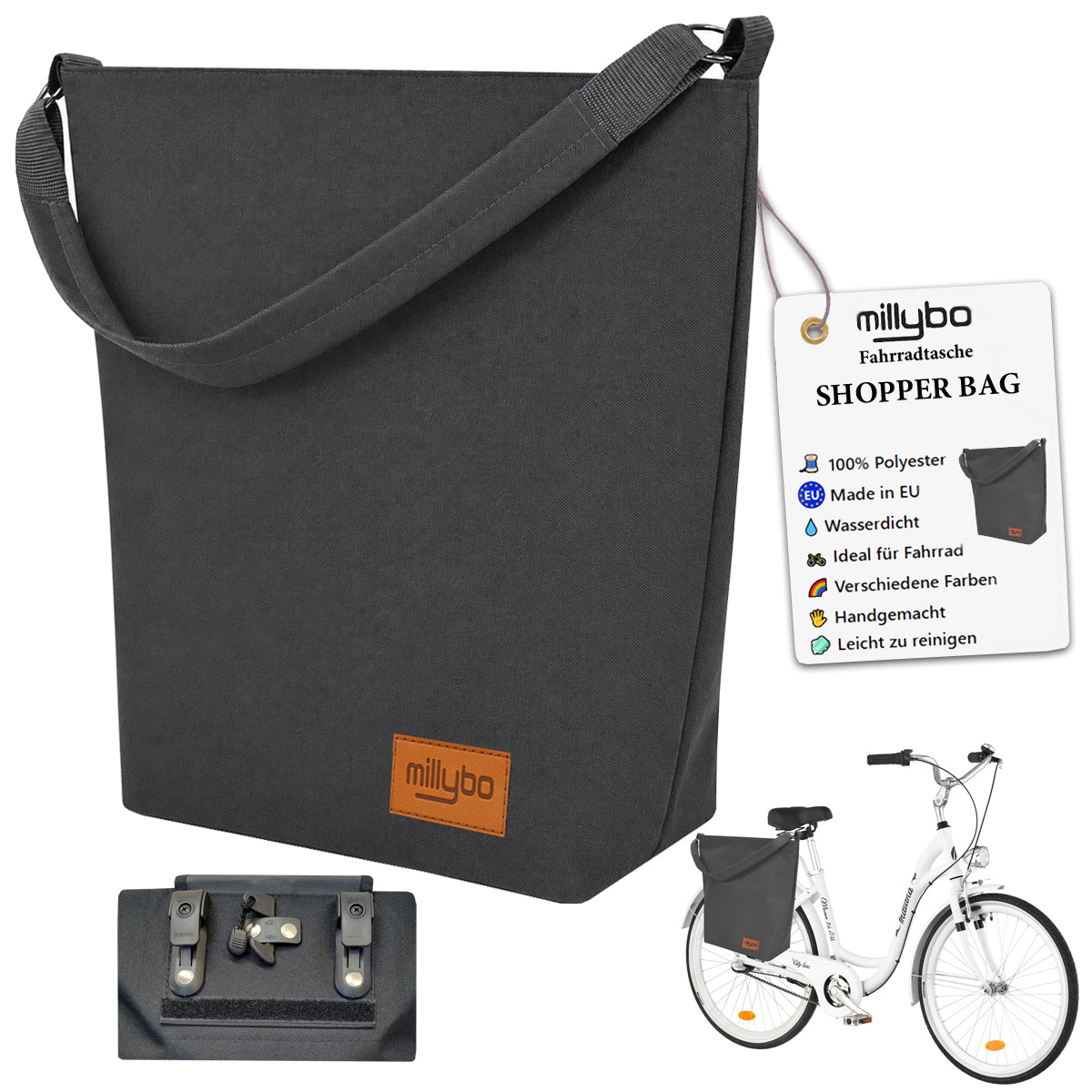 MILLYBO SHOPPER BAG Stylische Fahrradtasche für Gepäckträger 18L - Graphit