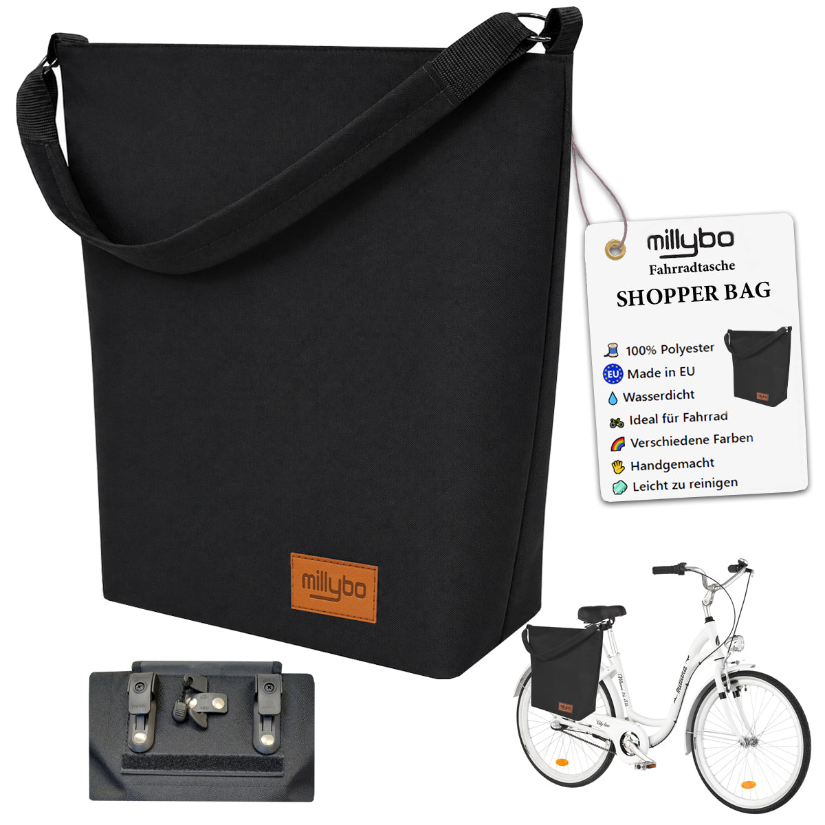 MILLYBO SHOPPER BAG Stylische Fahrradtasche für Gepäckträger 18L - Schwarz