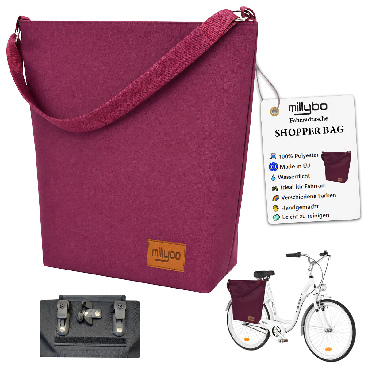 MILLYBO SHOPPER BAG Stylische Fahrradtasche für Gepäckträger 18L - Winerot