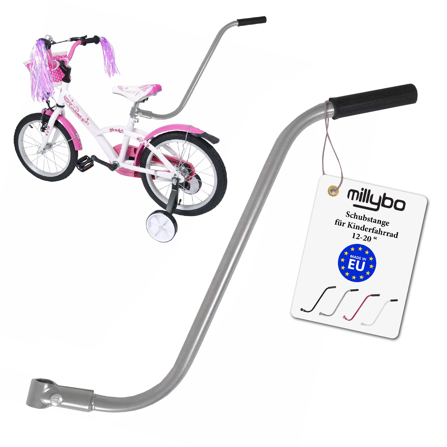 MILLYBO Universelle Schubstange für Kinderfahrrad 12–20" – Mehr Kontrolle & Sicherheit für Eltern: Silber